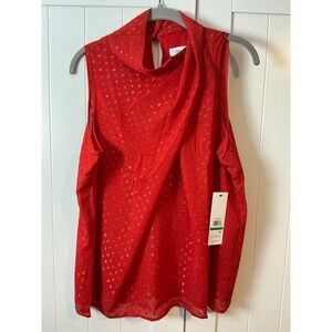 Calvin Klein Red Sleeveless Mock Neck Draped Blouse Top M